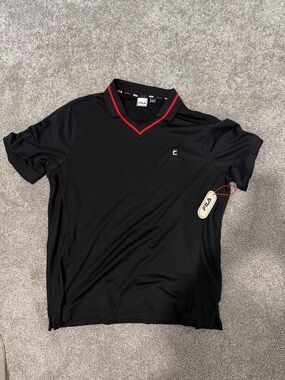 FILA Men’s Black Polo with Red V-Neck Trim